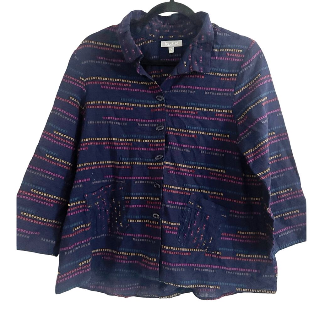 HABITAT Peruvian Ruch Collar Shirt Shacket Navy Blue Multicolor Stripe - Sz S